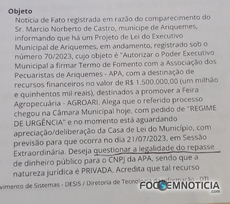 MP DÁ 10 DIAS PARA PREFEITURA DE ARIQUEMES EXPLICAR REPASSE  DE 01 MILHÃO E 500 MIL PARA APA